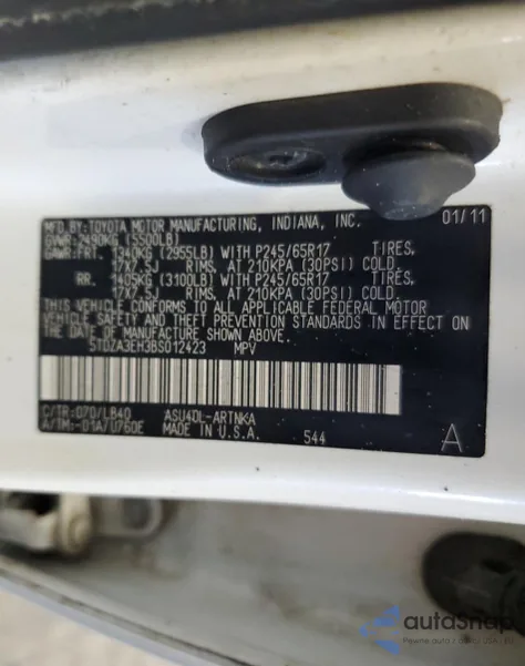 2011 Toyota Highlander Base из США, поврежденный, VIN 5TDZA3EH3BS012423